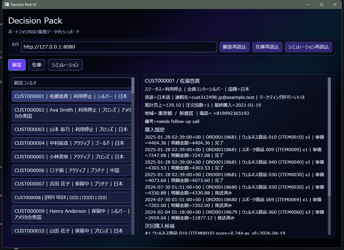Decision Pack の顧客タブで顧客詳細と購入履歴を表示している画面