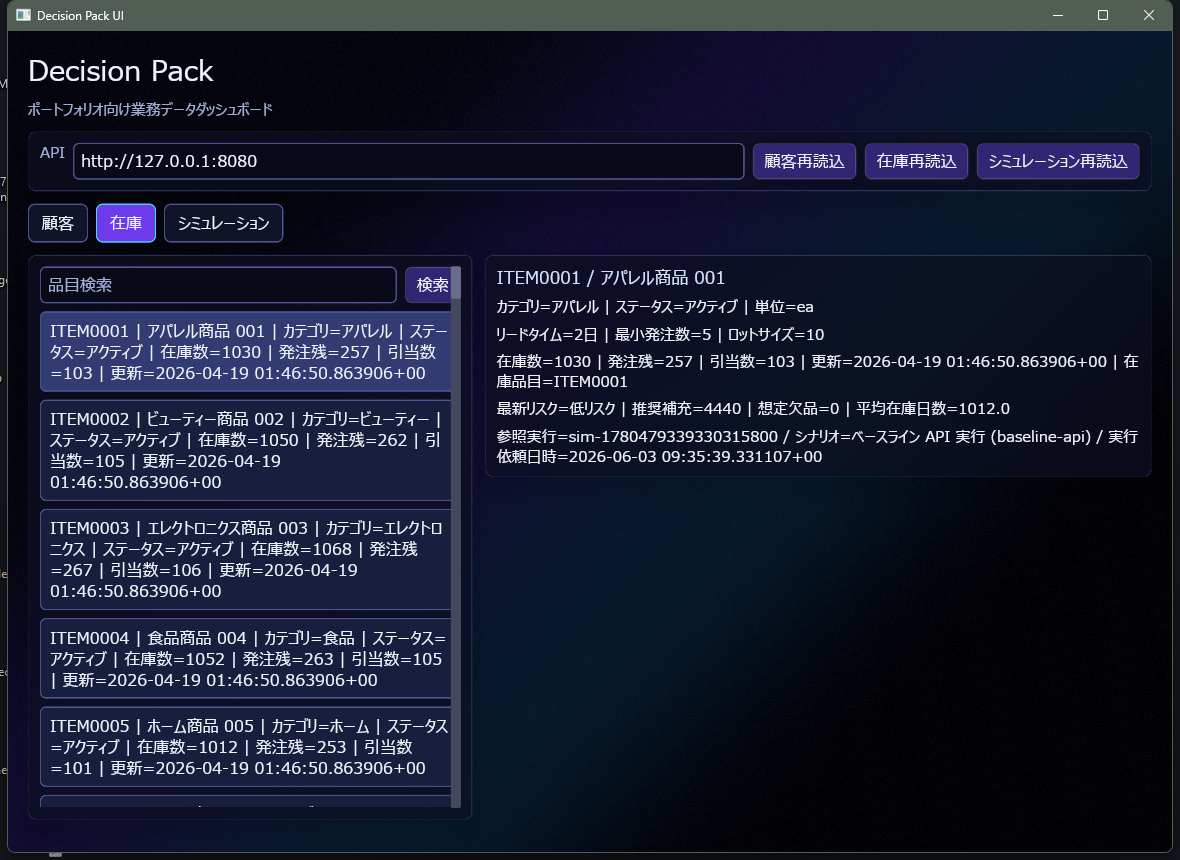Decision Pack の在庫データ確認画面
