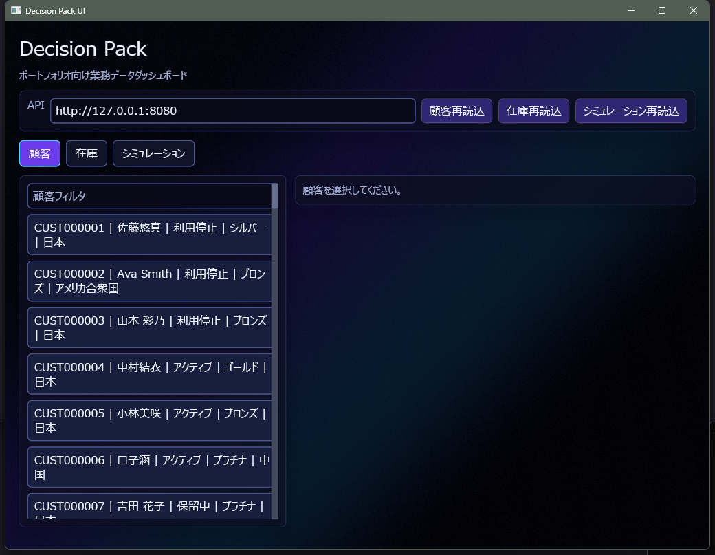 Decision Pack の顧客データダッシュボード稼働画面
