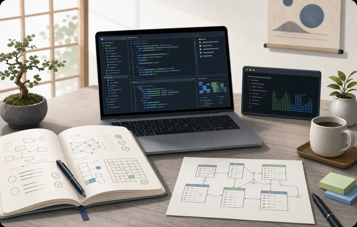 帳票、技術メモ、データモデルを確認しながら業務データを整理する作業風景